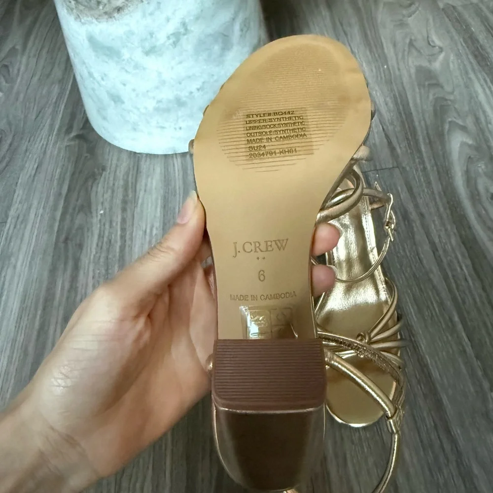 J. Crew Skinny-strap knotted Metallic Gold Strappy Block Heel Sandals size 6 - Picture 6 of 7